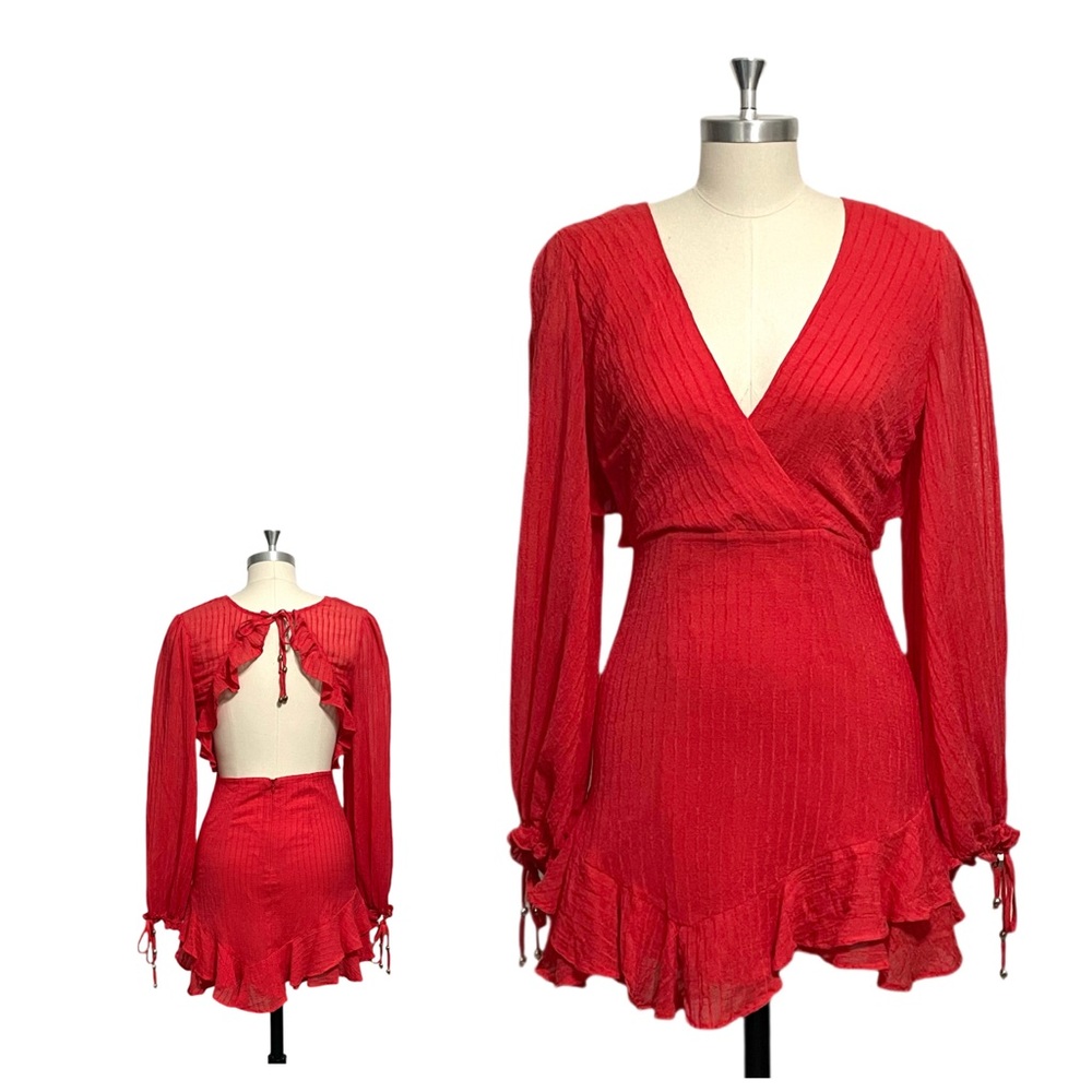 Angel Biba Red Mini Dress Long Sleeve Ruffles Gauzy V-Neck Open Back Small